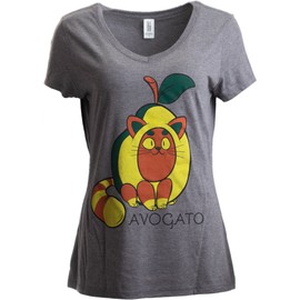 Ann Arbor T-shirt Co. Avogato | Funny Cute Avocado Cat Joke Arigato Graphic V-Neck T-Shirt for Women-(Vneck,L) Grey