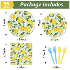FYSUIMU 96 Pcs Lemon Party Decorations Summer Lemon Birthday Party Supplies Plates Napkins and Forks for Yellow Lemon Baby Shower Bridal Shower Serves 24