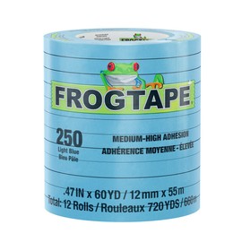 FrogTape 250 Light Blue Moderate Temperature Performance Grade Masking Tape, Medium-High Adhesion, 12mm x 55m, 12 Rolls per Pack