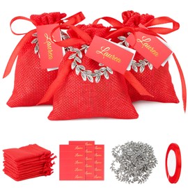 BETESSIN Set of 24 Graduation Party Favours Red - Includes 24 Wreath Charms, 24 Jute Buffets and 24 Italian Gift Tags - Gift Wrapping for Graduation