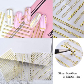 8 Sheets Gold Nail Art Stickers Decals 3D Self-Adhesive Nail Art Design Metallic Chains Line Triangle Heart Circle Nail Decoration Holographic Glitter Nail Supplies for Women Girls Manicure Sticker