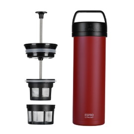ESPRO P0 Ultralight - French Single Serving Coffee Press and Lightweight Water Bottle for Travel, Camping and Daily Use, Stainless Steel, Vacuum Insulated, 16 oz (Cranberry)