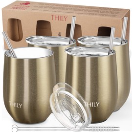 Stainless Steel Insulated Wine Tumbler - THILY 4 Pack Stemless Wine Glasses Set with Lid and Straw, Reusable, BPA Free, Cute Travel Cup for Coffee, Cocktails, Holiday & Party Gift, Sparkle Champagne