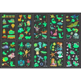 Children's Tattoo Set Girls Boys 10 Sheets Luminous Tattoos for Children, Waterproof Temporary Tattoos Space Mermaids Dinosaur Animals Unicorn etc., Children's Birthday Party Gift Decorations