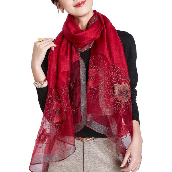 WINCESS YU Women Mulberry Silk Scarf Long & Large Embroidered Floral Pattern Shawl and Wraps Neckerchief for Hair & Neck (Sunflower Wine Red)