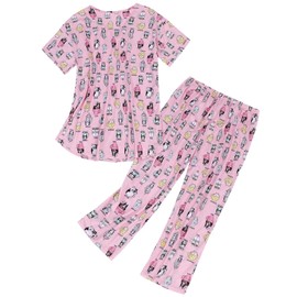 Pajamas For Women Two Piece Sleepwear Tops with Capri Pants lounge set Print Ladies Pajamas set Pj Set Pink Cat Cup M