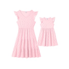 IFFEI Mommy and Me Matching Dresses Womens Eyelet Lace Ruffle Sleeve Midi Sundress for Casual Holiday Outfits Pink Girls 2T