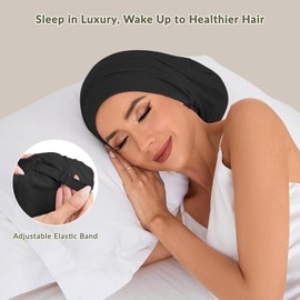 Mulberry Silk Bonnet for Sleeping Women, 22 Momme 100% Silk Lining Hair Wrap for Sleep, Adjustable Night Cap Slouchy Beanie Hat for Curly Hair(1Pcs,Black)