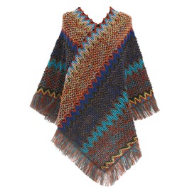 Jdlsppl Women's Boho Poncho Sweater Zig Zag Knit Pullover Adult Mexican Aztec Poncho Wrap Winter Fall Hippie Soft Convertible Tassel Fringe Crochet Shawl Asymmetrical Cape Royal Blue One Size