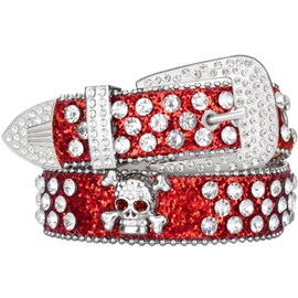 maikun Studded Rhinestone Belt Western Goth Belts for Women,Color Red, Length95cm