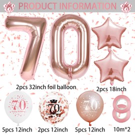 Happy 70th Birthday Balloons Rosegold, 18 Pieces 70th Birthday Decorations for Women Rose Gold 70th Party Balloons for Her Age 70 Years Old Birthday Party Decor Celebration Supplies