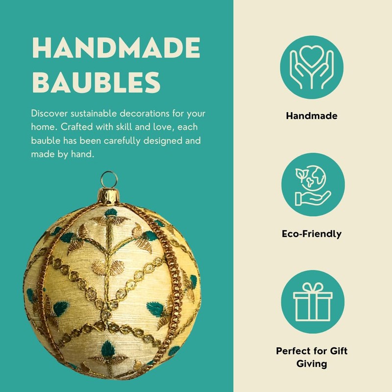 Lalit 10cm Beige Bauble with Gold Embroidery & Teal Accents