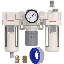 AIRZOE 3/4” NPT Air Compressor Filter, Regulator and Lubricator Combos FRL - Water Oil Trap Separator AC4000-06, 5 Micron Brass Element, Semi-auto Drain, 0-150 psi Gauge