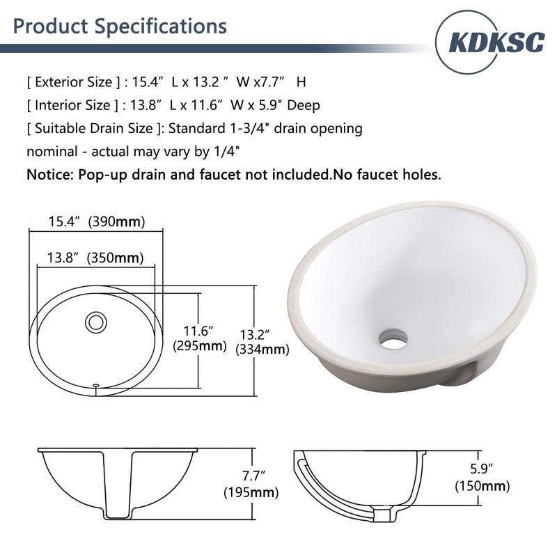 KDKSC Small Undermount Bathroom Sink 15.4"x13.2" Oval Undermount Sink White