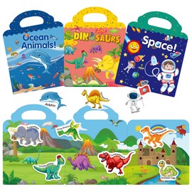 Reusable Sticker Books for Kids 2-5, Travel Sticker Learning Toys for Toddlers Age 2-4, Toddler Educational Learning Toys, Gifts for 2 3 4 5 Year Old Girls Boys, Dinosaur&Space&Ocean Animal