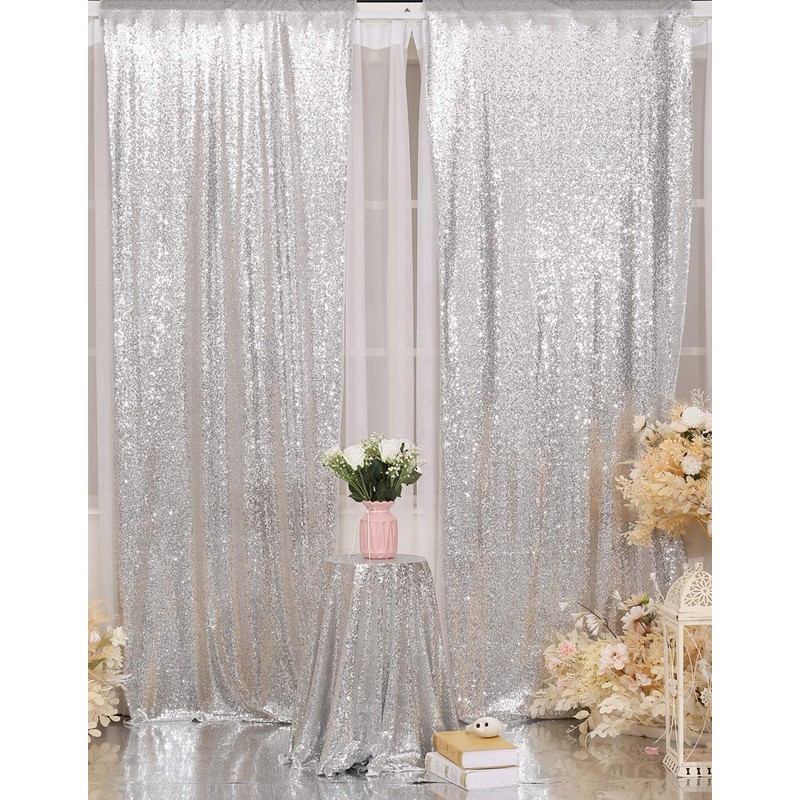 Poise3EHome Silver Sequin Backdrop Curtain, 2 PCS 5FT x 10FT