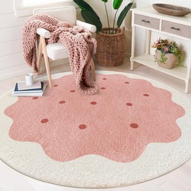 Poowe Round Kids Playroom Rug - Pink Cookie Design Nursery Rug for Bedroom - Playtime Collection, Learning & Game Carpet for Classroom, Best Shower Gift for Infant Toddlers（Round 47.2"