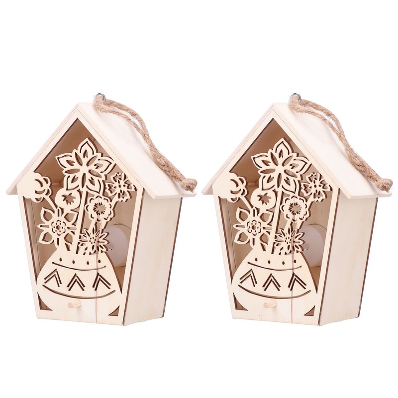 2Pcs Bird House with Warm Light Hollow Flowers Patterns Bird
