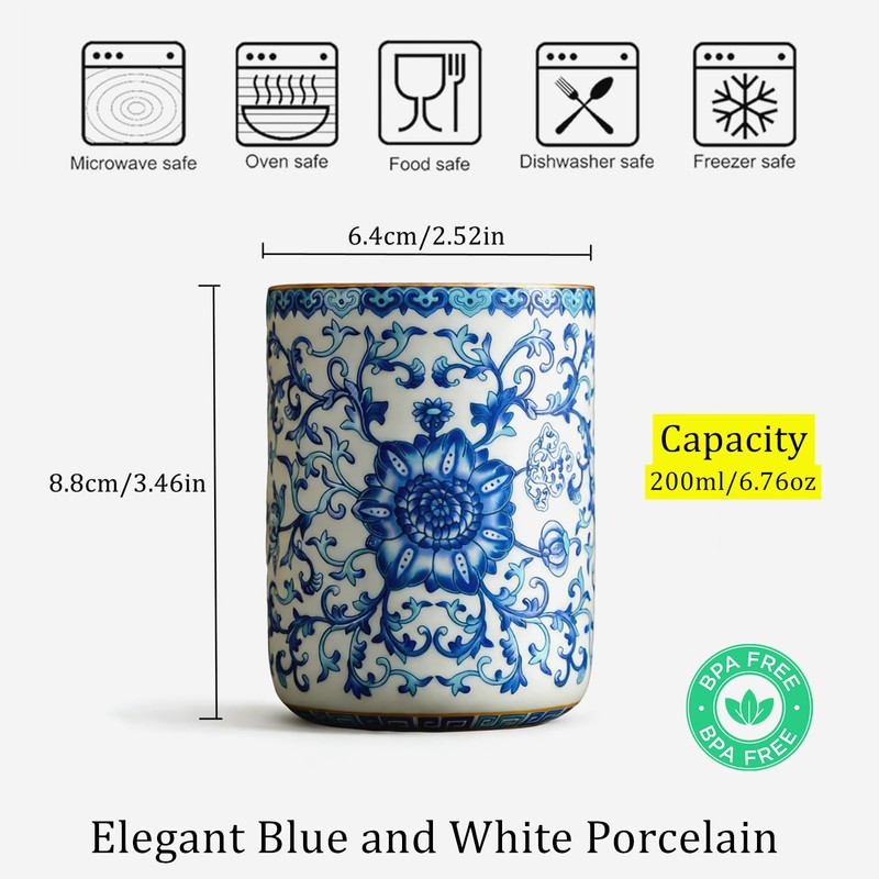 CmengAo Blue and White Floral Porcelain Tea Cups Set of