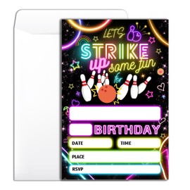 Wybgno Strike Bowling Birthday Party Invitation 20 Bowling Theme Party Neon Party Birthday Invitation With Envelopes for Boys Girls Party Invite Cards -4×6 inch-B015