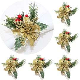 Christmas Poinsettia Napkin Rings Set of 6 Napkin Holders with Gold Poinsettia Flowers,Berries,Christmas Napkin Rings Dinning Table Setting for Wedding Party Holiday Banquet Decor (Gold Poinsettia)