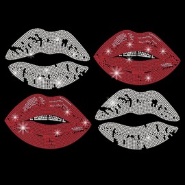 PLIGREAT 4 Pcs Lips Pattern Rhinestone Iron on Hotfix Heat Transfer Decal, Glitter Iron on Patches Clothing Repair Appliques for DIY Jackets T-Shirts Pants Bags Tailors Shop Supplies