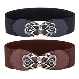 GRACE KARIN 2 Pack Vintage Stretchy Waist Belt Retro Stretch Belt for Jeans Pants Dresses(Black+Coffee,M)