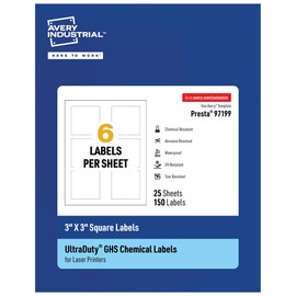 Avery UltraDuty GHS Labels, Waterproof, 3 X 3 Inch Square Labels, Pack of 150 White Labels for Use with Laser Printers