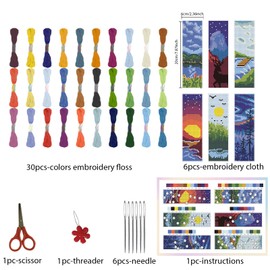 FREEBLOSS 6 Set Cross Stitch Bookmark Kit Scenery Pattern with 30 Colors Embroidery Floss DIY Bookmark Kit with Instruction Embroidery Kit for Beginners 8''x2.4''