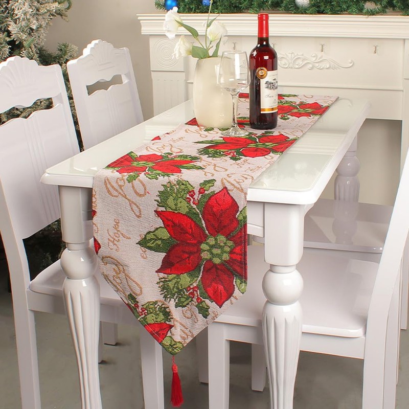 ZONADAH Christmas Table Runner180x35cm Christmas Table Runners with Red Flower