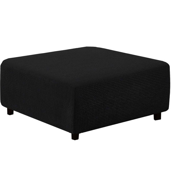 qiden Square Footstool Cover Jacquard Plush Thicker Large Stretch Pouffe Cover Anti-Slip Ottoman Slipcovers With Elastic Bottom, Machine Washable-Black-XLarge FB2FCK2222R92BF