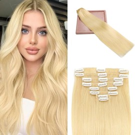 POGINJA Clip in Hair Extensions Real Human Hair, Remy Human Hair Extensions Clip ins for Women, 100% Natural Human Hair, Double Weftm, 14inch 80g 8Pcs, #613 Bleach Blonde