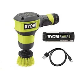 RYOBI USB Lithium Compact Scrubber Kit with 2.0 Ah Battery, USB Charging Cord, and 2 in. Medium Bristle Brush, Green
