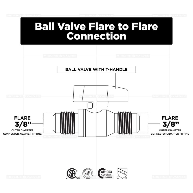 Midline Valve GASLxL3838 Premium Brass Gas Ball Valve, with 3/8
