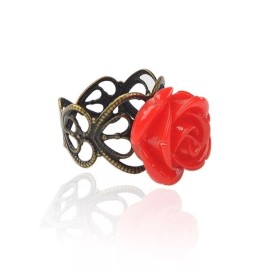 Cascade Jewelry Lacy Bronze Victorian Style Red Rose Flower Lucite Cabochon Adjustable Ring