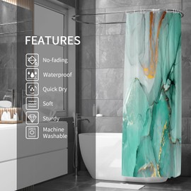 Gibelle Abstract Marble Shower Curtain, Teal Green Jade Texture Gold Stripes Ombre Watercolor Paint, Modern Ink Art Decor Waterproof Fabric Shower Curtain for Bathroom Set with Hooks, 71x71