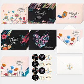 Thank You Cards, 24 Pack Thank You Cards with Envelopes and Stickers, Blank Thank You Cards With Spring Flower & Bird Designs for Wedding Birthday Business Anniversary Graduation Holiday, 4 x 6 Inch/ 6 Designs