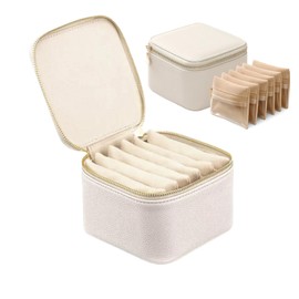 Jeonnfp Jewelry Box Organizer for Women,Small Travel Jewelry Case,Mini Travel Jewelry Organizer with 6 Velvet Jewelry Zipper Pouches, Jewelry Box Organizer for Birthday Wedding Gifts(Off White)
