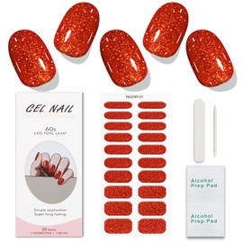 JMEOWIO Gel Nail Stickers Glitter Red Semi Cured Gel Nail Strips Wraps UV/LED Nail Supplies Nail Art Design Decoration Accessories