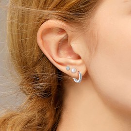 Set of 3 Earrings for 3 Pierced Earrings, 925 Silver, Freshwater Pearls, Cubic Zirconia, Hoop Earrings, 3 Pairs Pack, Nickel-Free, Cubic Zirconia, Cubic Zirconia