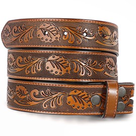 XZQTIVE Western Leather Belt Strap for Men Women Cowboy Cowgirl Black Genuine Leather Belt without Buckle Removeble for Jeans, 1.5'', Turtle Leaf Brown, Fits wasit size 46-51 inches