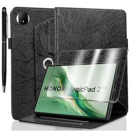 for Honor Magic Pad 2 12.3 Inch 2024 Case with Screen Protector PU Leather 3D Life Tree with Pencil Holder 360 Degree Stand Shockproof Protective Tablet case Covers - Black