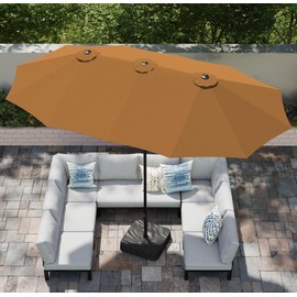 PHI VILLA 15ft Large Patio Umbrellas with Base, Outdoor Double-Sided Rectangle Market Umbrella for Pool Lawn Garden, Tawny