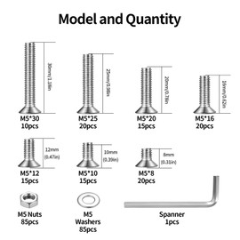 286 Piece M5 Screws Set, M5 Countersunk Screws Set, Flat Head Allen Screws Nuts Set, Machine Screws with Nuts Set, Threaded Screws and Nuts Assortment with Washers Set