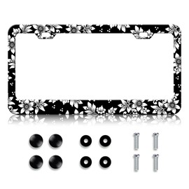 HCSS Black and White Flowers Leaves License Plate Frame,Beautiful Floral Stainless Steel License Plate Holder, Rust-Proof Waterproof Car Decorative Tag Frames for Standard US 12x6 Inch