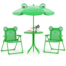 CHEFJOY Kids Picnic Table, Kids Outdoor Table with 2 Folding Chairs, Removable & Height Adjustable Umbrella, Cute Animal Theme Children Outdoor Furniture for Patio, Garden, Backyard (Green Frog)