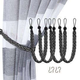 Home Queen Hand Braided Curtain Tie Back, Buckle Holdback Drapery Curtain Tiebacks, 4 Rope Belt Curtain Tie with 4 Metal Hooks, Black and Silver