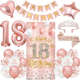 Roetyce 18th Birthday Decorations for Girls, Rose Gold Happy 18th Birthday Banner Sash & Crown Balloons Kit, Pink 18 Years Old Party Yard Door Wall Backdrop Background