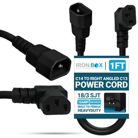 IronBox Electric C14 to Right Angled C13 Power Cords - 10A, 250V, 18/3 SJT - Heavy Duty Extension Cord - UL Listed Flat Plug and Connector Cable for Computer, PDU, Data Centers and More (1ft, Molded)