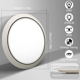 VIPMOON 24W Bathroom Light, 2160lm Ceiling Lights, 120W Equivalent, Waterproof IP56, Modern Flush Ceiling Light for Kitchen, Bulkhead, Toilet, Porch, Bedroom, Utility Room and More